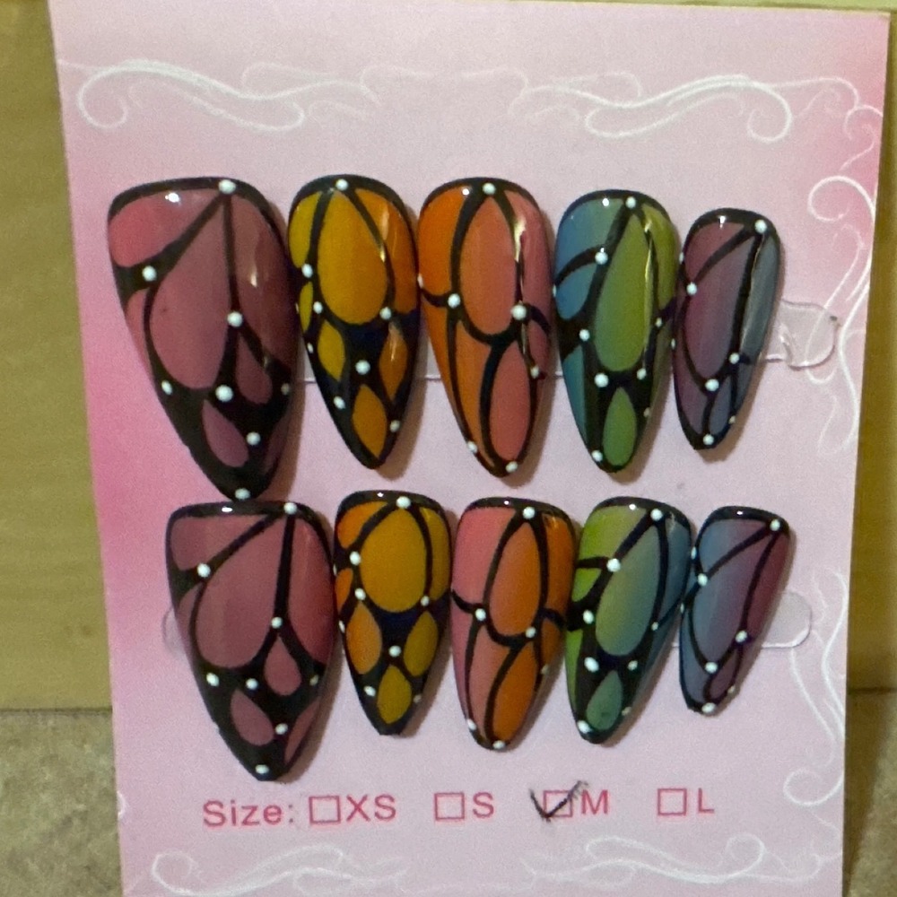 Stained Glass Butterfly Wing Press On Nails Almond Shape Size M Multi